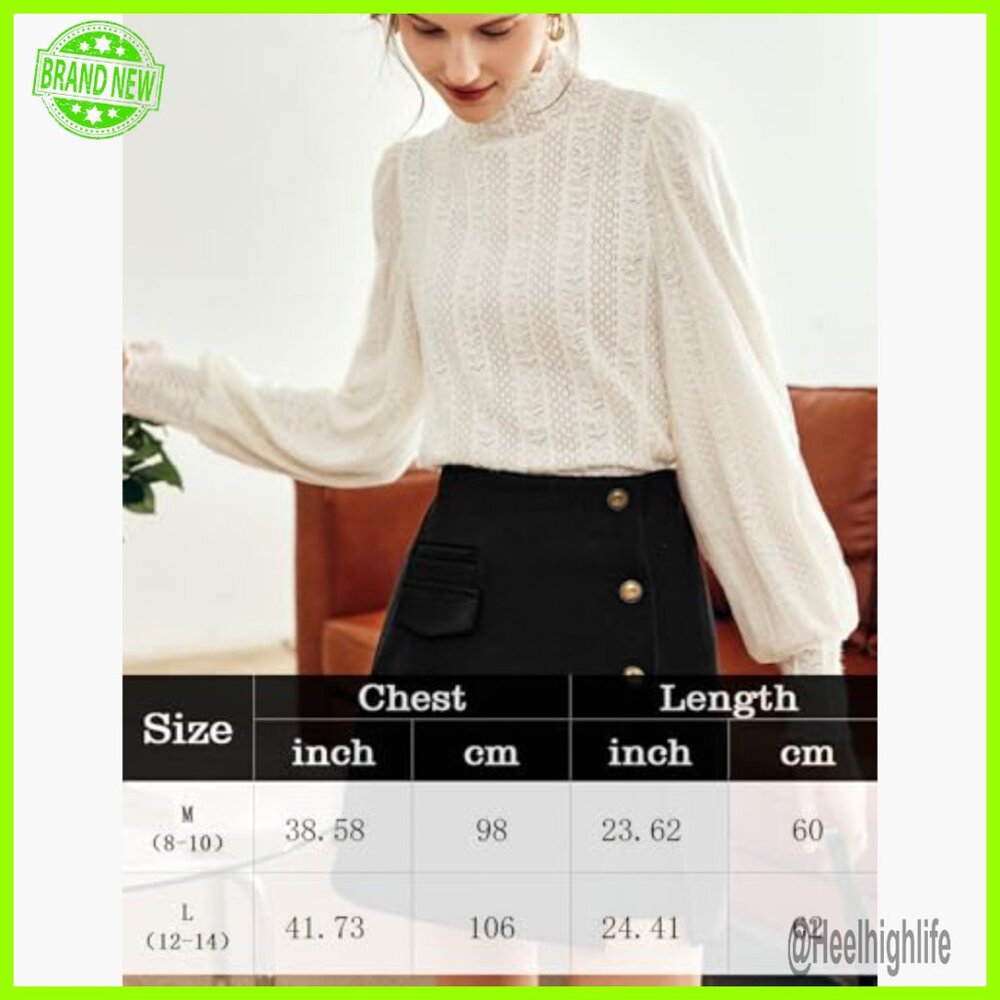 Victorian Lace Mock Neck Puff Sleeve Blouse Semi Sheer Floral Elegant Top - Picture 6 of 7